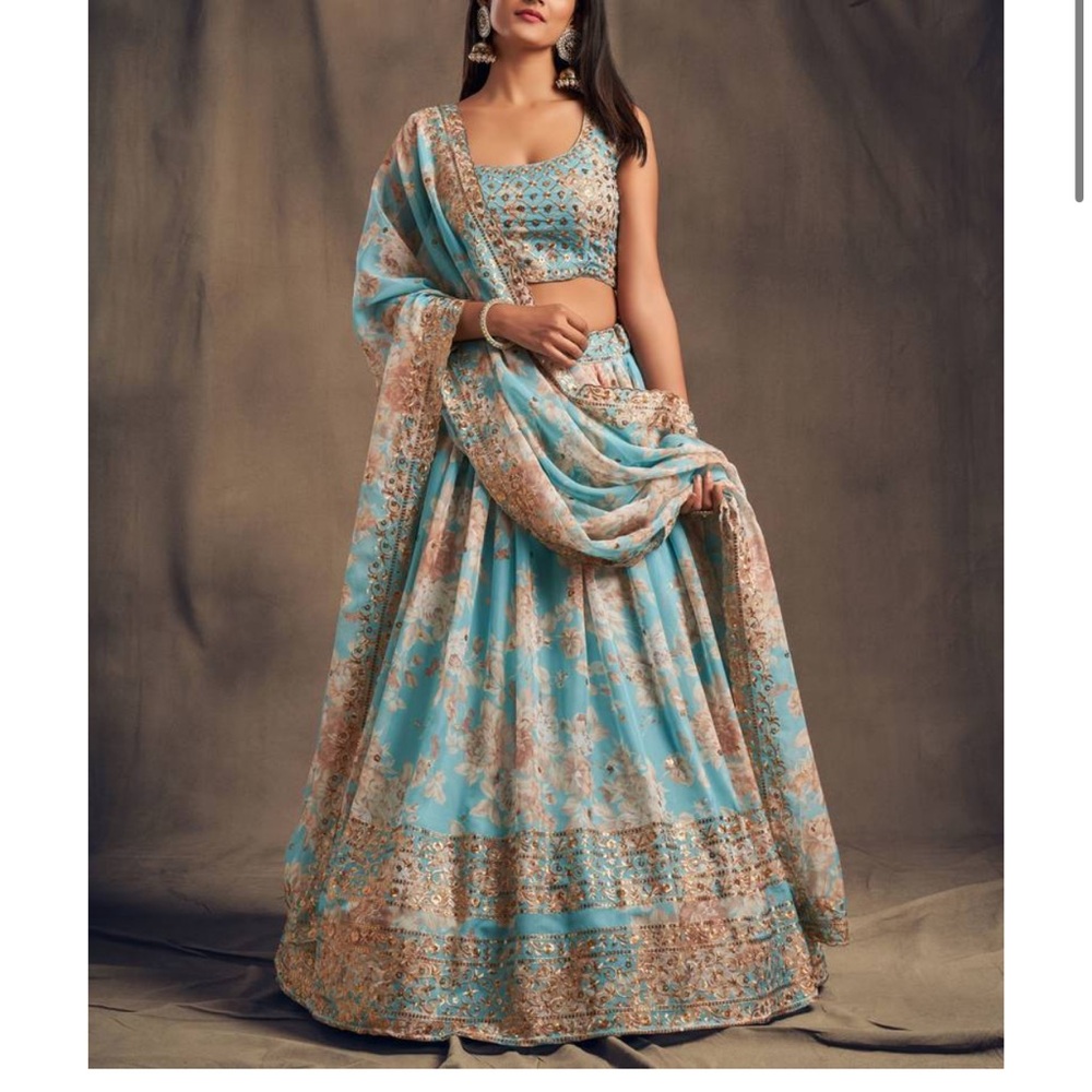 Light blue and gold floral lehenga with sequin detail